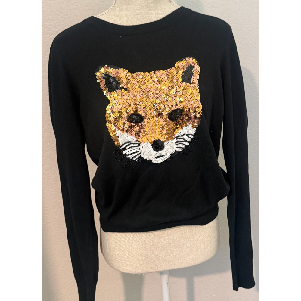 French Connection Gold Brown Sequin Fox Black Cotton Sweater Glam Maximalist - L